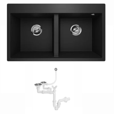 Image de Lavello Elle 2.0 Évier de cuisine en granit double évier encastrable avec siphon Noir graphite