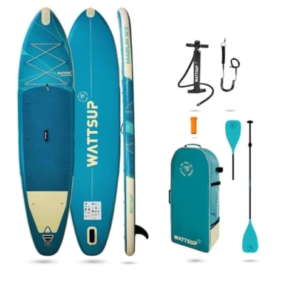 Image de Wattsup Sup Stand Up Paddle Gonflable Marlin 12&#039;5 378x89x15cm Dropstitch Pack Complet : Pagaie Leash Pompe Sac de Transport Jusqu&#039;à 185kg Bleu