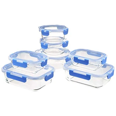 Image de Amazon Basics verrouillables en verre Stockage des aliments, 14 pièces, 7 récipients et couvercles sans BPA, Transparent avec Cercle Silicone Bleue