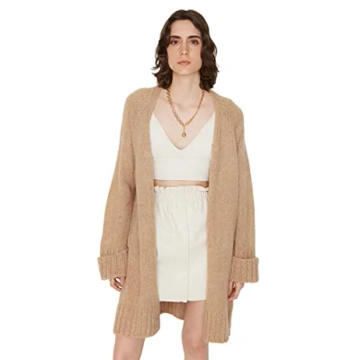 Image de Trendyol Poncho Classique à col en V pour Femme Sweater, Camel