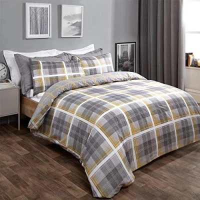 Image de Dreamscene Parure de lit réversible en tartan avec housse couette à carreaux jean taie d&#039;oreiller, jaune ocre, gris anthracite, 2 pièces, 1 place