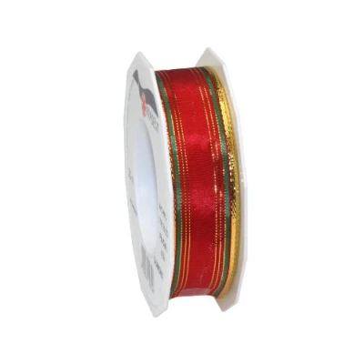 Image de Prasent Chamonix Ruban en Taffetas avec Fils métalliques Motif Rayures Doré/Rouge/Vert 25 mm x 20 m