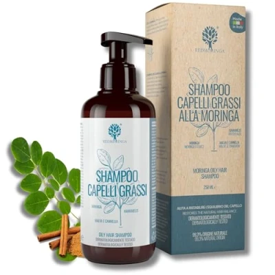 Image de RedMoringa Shampooing Séborégulateur pour Cheveux Gras Nettoie en profondeur et restaure le pH du cuir chevelu 99,5% Naturel Au Moringa, Mauve, Cannelle Hamamélis 250ml