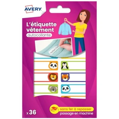 Image de AVERY 36 Étiquettes Vêtements Vierge Autocollantes Inscriptibles à Motif Animaux Format 1,3 x 4,5 cm