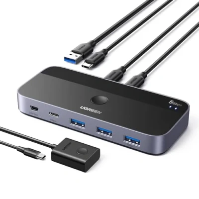 Image de UGREEN Switch USB C 5Gbps avec 4 Ports pour 2 PC Commutateur KVM Entrées Sorties Plug Play Clavier Souris Disque Dur Clé Imprimante Contrôleur du Bureau et Câbles Inclus