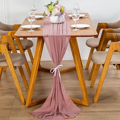 Image de YUNSHANGHE chemin de table moderne en mousseline soie, 70 x 600 cm, lavable, décoratif tissu, runner, décoration pour mariage, anniversaire, communion (vieux rose)