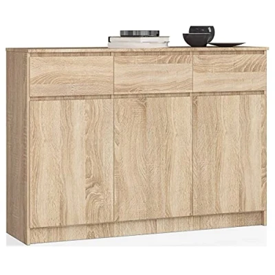 Image de AKORD Commode K 140 cm 3 Tiroirs et Portes pour Le Salon Chambre Armoire Design Moderne Fonctionnel Panneau Stratifié 16mm Couleur Chêne Sonoma