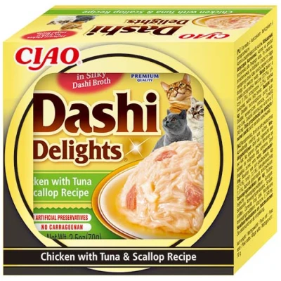 Image de INABA Dashi Delights Morceaux dans Un Bouillon de Flocons bonite au Poulet/Thon/pétoncles 1 x 70g Topping Riche en protéines Ingrédients naturels Délicieux et sain Pâtée pour Chat