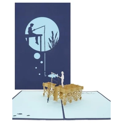 Image de carte de vœux pop up « excursion pêche » 3D d&#039;anniversaire, retraite, pêche, sport Chèque cadeau et d&#039;invitation avec pêcheur au bord du lac