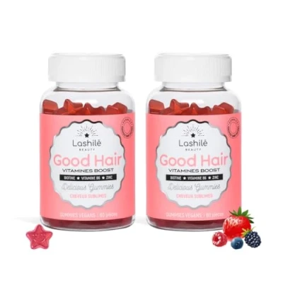 Image de Lashilé Beauty Pousse Croissance &amp; Fortification Good Hair Vitamins Efficacité Prouvée Fabrication francaise Cure 2 mois 120 Gummies Biotine, Zinc, Vitamine B8, C, B6