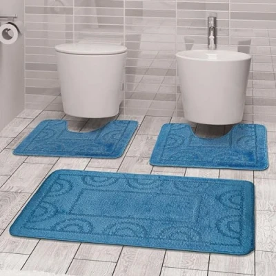 Image de Comart, Nicole Tapis de Bain, Ensemble Complet 3 pièces, séchage Rapide, Fond antidérapant en Latex, Couleur Unie, Dessous Douche et Baignoire, pour WC Bidet, Lavable Machine, Bleu