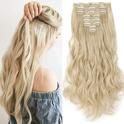 Image de SEGO Extension Clip Cheveux Bouclé Synthetique Rajout Clips Naturels à Ondulé 8 Bandes Pas Cher 43 cm Blond Blanchi