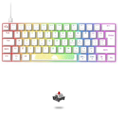 Image de LEAVEN T60 60% Compact Mini Clavier de Gaming mécanique Illumination RVB Rétroéclairé LED Keyboard USB Type c Filaire QWERTY UK PBT Keycap Anti Ghosting Ergonomique pour PC Mac Blanc Red Switch