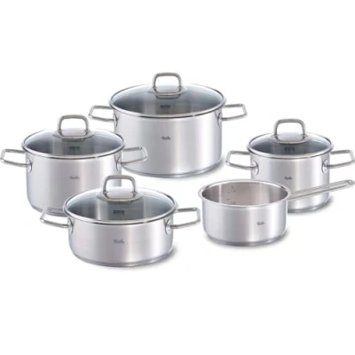 Image de Fissler Viseo Jeu de Faitouts/Sautoir/Casserole en Acier Inoxydable, 5 Pièces, Faitouts/Sautoir avec Couvercle Verre, (3 Faitouts, 1 Sautoir, Casserole à Queue Sans Couvercle)