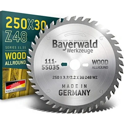Image de Bayerwald Lame de scie circulaire HM Ø 250 x 3,2 30 mm Z=48 GW Série 11.55 Dents alternatives pour sections longitudinales et transversales dans le bois/matériaux à base bois