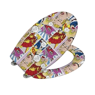 Image de WENKO Abattant WC Original Pop Art avec Frein de Chute et Fixation INOX Duroplast antibactérien Usage fréquent (Magasin, Cabinet médical…) 38 x 45 cm Multicolore