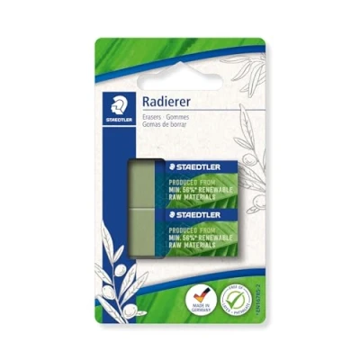 Image de Staedtler 526 80 Blister 2 gommes vert olive sans latex 40 x 19 13 mm Composée à 56% de matériaux naturels et renouvelables 83BK2