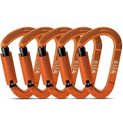 Image de Mousqueton Escalade, 5PCS Mousquetons Verrouillage Automatique, 25kN Mousqueton, Certifié CE, Solide, pour Alpinisme, Laisse Chien, Sac de Frappe, Pompier, Hamac, Porte clé, Forme D