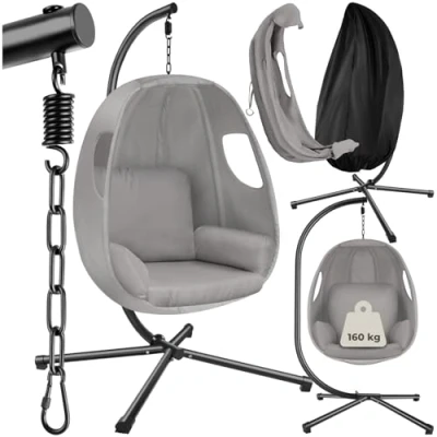 Image de tectake® Fauteuil Oeuf Suspendu Chaise Balancoire Cocooning Pliable, Confortable &amp; Résistant, Relax avec Structure en Acier, Coussin Épais Housse de Protection