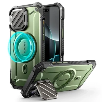 Image de SUPCASE Coque pour iPhone 16 Pro Magnétique avec Protecteur Caméra Support Réglable [MagSafe Compatible] (UBMag XT) Protection Militaire Robuste Béquille 6,3&quot;, Vert