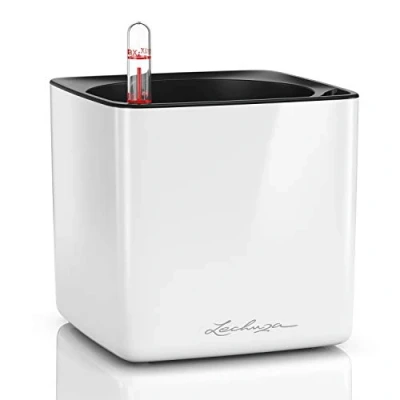 Image de LECHUZA CUBE Glossy 14 Cubes à plantes de haute qualité avec système d&#039;irrigation en bâton, blanc brillant
