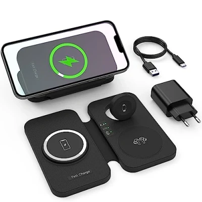 Image de Chargeur sans Fil 3 en 1 Magsafe à Induction Pliable 15W pour iPhone 15/14/13/12 Series, Apple Watch Et Air Pods de Voyage avec USB C, Noir