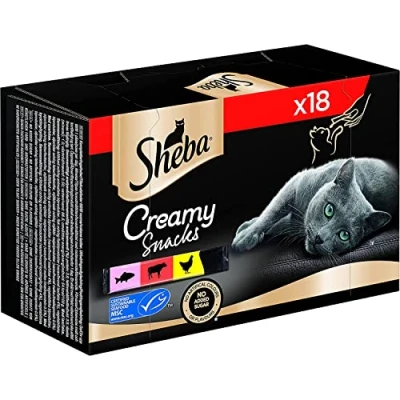 Image de Sheba Snacks pour Chat Creamy Snacks, 18 bâtonnets de friandises Pratiques Chat, x 12 g (1 Paquet) dans Les variétés Poulet, Saumon (certifié MSC) et bœuf à lécher la Main