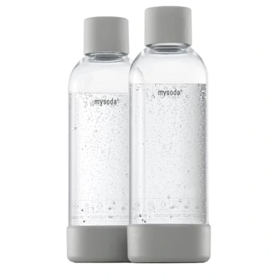 Image de Mysoda : Bouteille réutilisable en PET sans BPA pour machine à eau gazeuse, avec verrouillage rapide et détails composite de bois, 2 x 1 L Gris