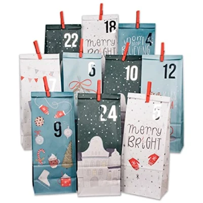 Image de Papierdrachen Calendrier de l&#039;Avent à remplir 24 sacs cadeaux imprimés bleus et autocollants numérotés pinces Motif Noël bleu Pour bricolage cadeau