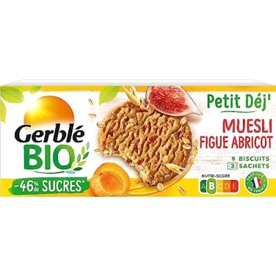 Image de Gerblé BIO Biscuits Petit Déjeuner Au Blé Ancien Muesli Figue Abricot Réduits En Sucre Pauvres Acides Gras Saturés Fibres 3 Sachets De 1 Boîte 132 G
