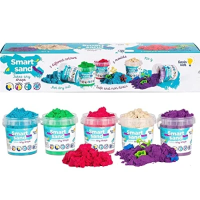 Image de 750g de Sable Magique pour les Enfants Lot 5 Couleurs avec Moules dans Seaux Réutilisables Jeu à modeler GenioKids Smart Sand Jouet Créatif