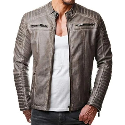 Image de Red Bridge Hommes Veste Simili Cuir Côtelé Véritable Blouson Transition Moto Coton Vestes, Gris Similicuir, M