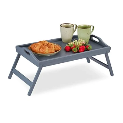 Image de Relaxdays 10026123 Tablette de Lit Bambou Pieds Rabats Rebords Plateau Service &amp; Petit Déjeuner, HLP : 6,5 x 50 30 cm, gris, MDF, 1 élément