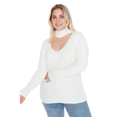 Image de Trendyol Pull Ras du Cou uni à col Montant Grande Taille Maillot de survêtement, Ecru, 3XL Femme