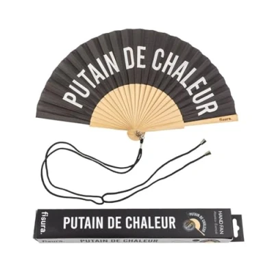 Image de Éventail original avec message &quot;P de chaleur&quot;. en bois moderne et amusant. noir. Mesures : 42,5 x 23 FISURA