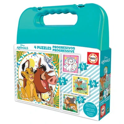 Image de Educa Valise Progressive Disney Animaux 4 Puzzles progressistes de 12 16 20 25 pièces chacune Mesure approximative du Puzzle: x cm À partir 3 Ans (19309)