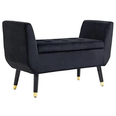 Image de HOMCOM Banc de Luxe rembourré avec Espace Rangement Accoudoirs Coffre Polyester velouté Bois Caoutchouc Noir 107 x 42 65 cm