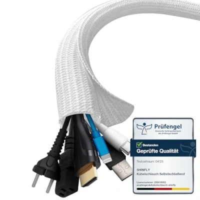 Image de shinfly Manchon de Cache Câble, 10m 13mm Réglable Gaine Extensible Range Cable Informatique, Gestion Câble Rangement Tressée, Blanc