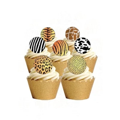 Image de Lot de 24 décorations rondes prédécoupées en papier gaufrette comestible pour gâteaux Motif léopard