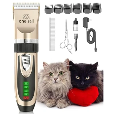 Image de oneisall Tondeuse pour chats les poils emmêlés, Kit de toilettage à 2 vitesses, cheveux sans fil et silencieuse chiens (Or)