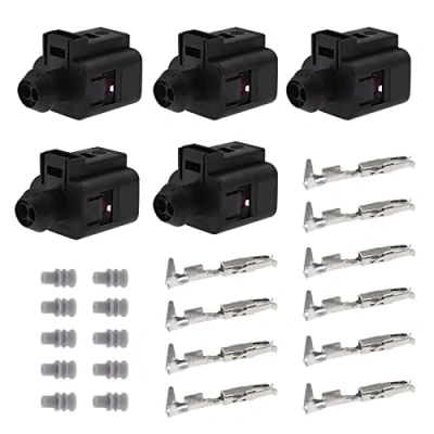 Image de eMagTech Lot de 5 ensembles connecteurs femelles à 2 broches avec bornes et joints connecteur femelle compatible VW Audi 1J0973702 Kit réparation étanche