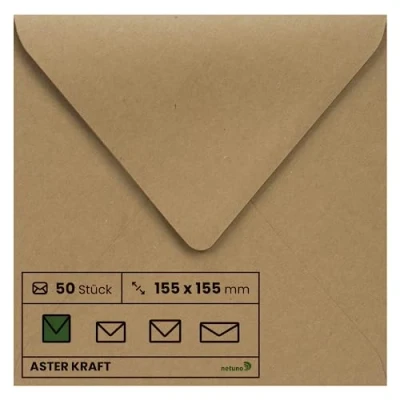 Image de Netuno 50 enveloppes carrées papier Kraft 155 x mm 100g Aster rabat pointu en vintage recyclées pour cartes de vœux d&#039;invitation lettres