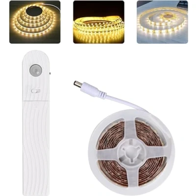 Image de Jinlaili Ruban Led avec Détecteur de Mouvement, 2M Bandeau Autocollant, Lumiere Led, 120LED Dimmable Bande à Piles, Lumineuse pour Cuisine Placard Murale Armoire Escaliers (Blanc chaud)