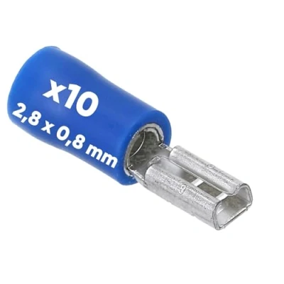 Image de Kalitec FHB288 Lot de 10 cosses plates bleues 2,8 x 0,8 mm Connecteur câble I 1,5 2,5 mm² Partiellement isolé Laiton Col en PVC pour voiture et industrie