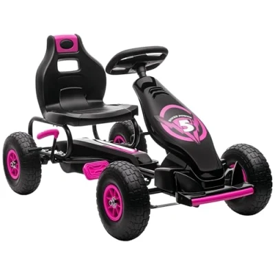 Image de HOMCOM Kart à pédales pour Enfant Go véhicule pédale siège réglable 3 Positions Frein Main pneus antidérapant de 5 12 Ans métal + PP Rose Noir