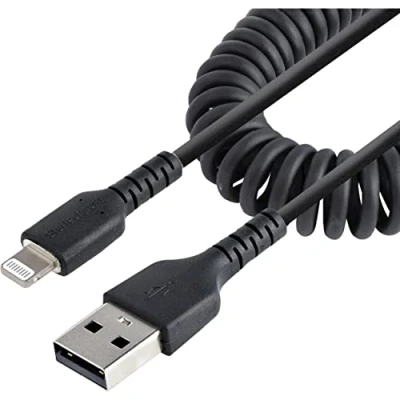 Image de StarTech.com Câble USB vers Lightning de 50cm Certifié Mfi Adaptateur Noir, Gaine en TPE Cordon Chargeur Iphone/Lightning Spiralé Fibre Aramide Très Résistant (RUSB2ALT50CMBC)