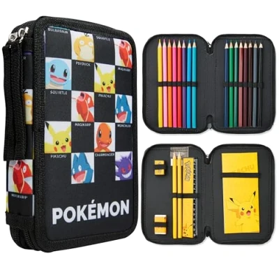 Image de Pokémon Trousse Enfant et Ado avec Fournitures Scolaires Kit Papeterie Pikachu Double Compartiment Crayons HB Dessin Coloriage (Personnages