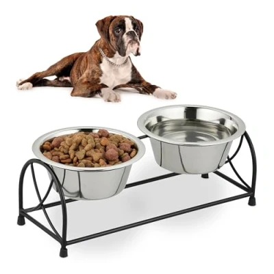 Image de Relaxdays Gamelles, Support pour Petits Chiens, avec 2 Bols en Acier Inoxydable de 1 L chacun, Noir argenté