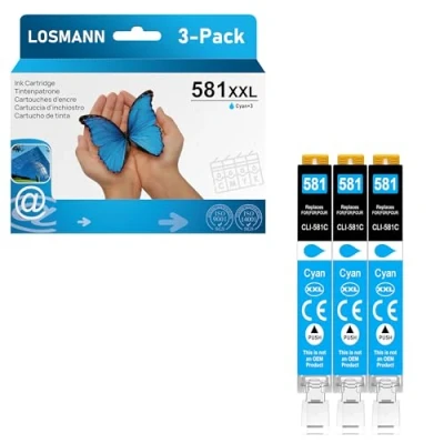 Image de LOSMANN 3X Cyan Cartouche d&#039;encre Compatibles pour Canon CLI 581 XXL C Pixma TS6350 TS6150 TS8150 TS8250 TS6250 TS705 TS705a TS8151 TS6151 TS8152 TS8300 TS9150 TS9155 TS9550 TR7550 TR8550