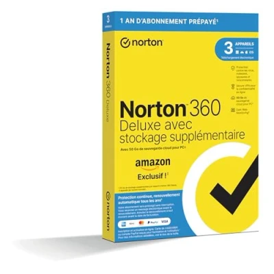 Image de Norton 360 Deluxe + 25 Go de sauvegarde cloud supplémentaire 3 Appareils 1 An d&#039;Abonnement en renouvellement automatique Exclusivité Amazon*